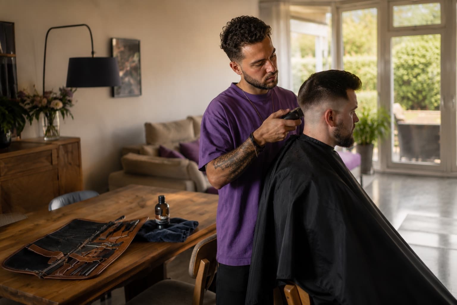 Een barber geeft een klant een strakke fade in de huiskamer